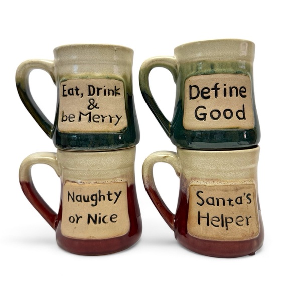 Set of 4 Pottery Stoneware Christmas Holiday Mugs Naughty Nice Santas Helper - Picture 1 of 11